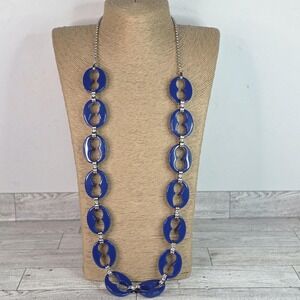 Robert Verdi Long Blue Acrylic Silver Tone Ball Chain Necklace VTG 17" Y2K
